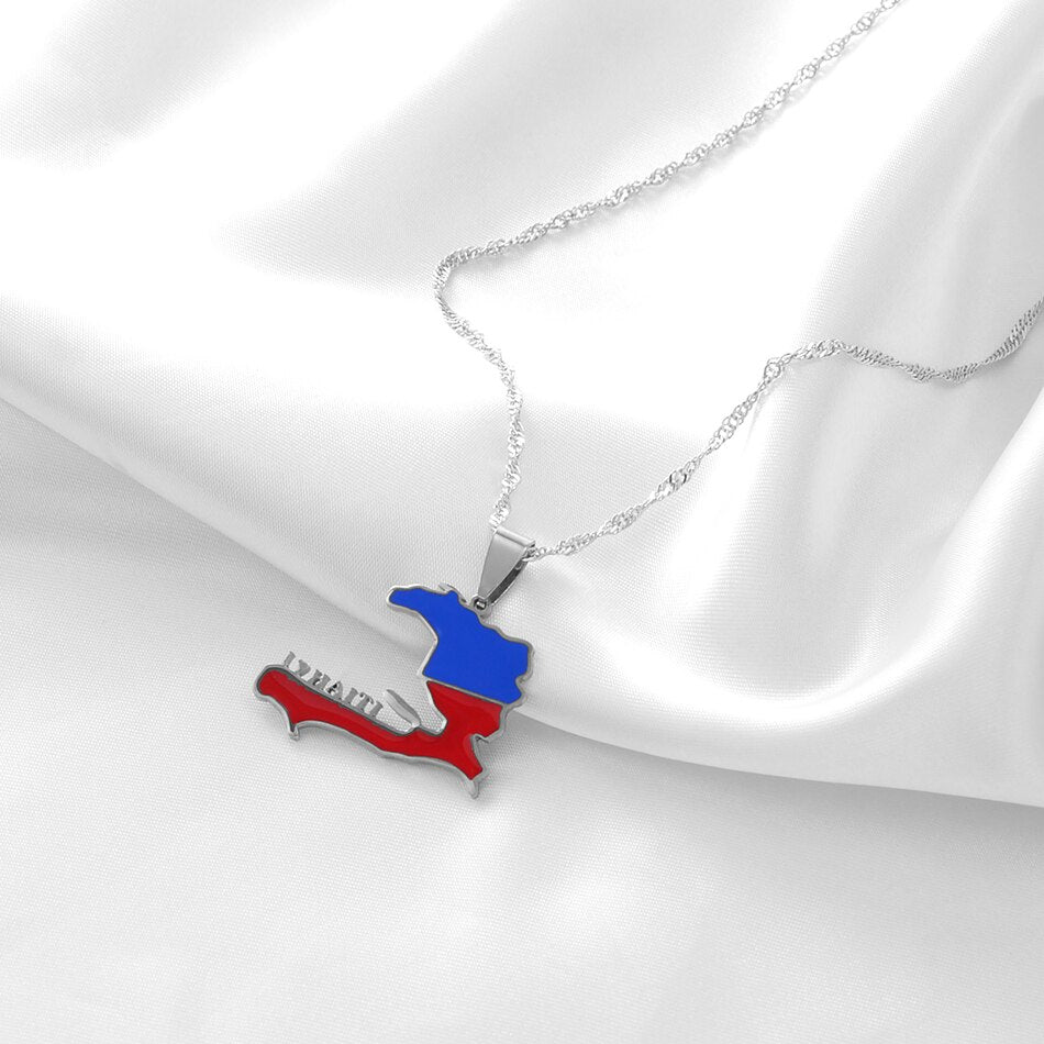 Pendentif Drapeau Haïti Acier Inox Doré Argenté