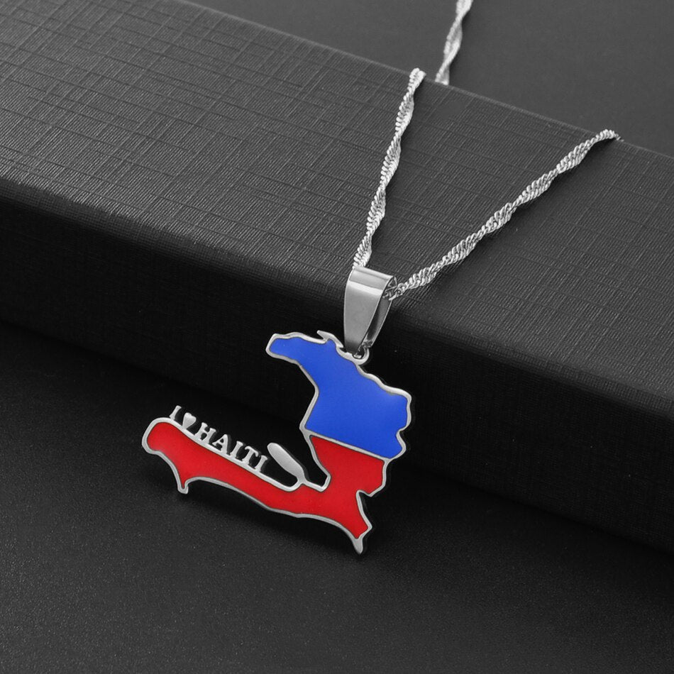 Pendentif Drapeau Haïti Acier Inox Doré Argenté