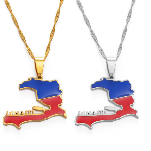 Pendentif Drapeau Haïti Acier Inox Doré Argenté