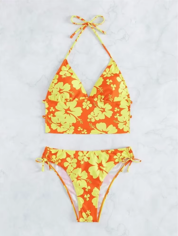 Maillot de bain avec crop top court imprimé hibiscus