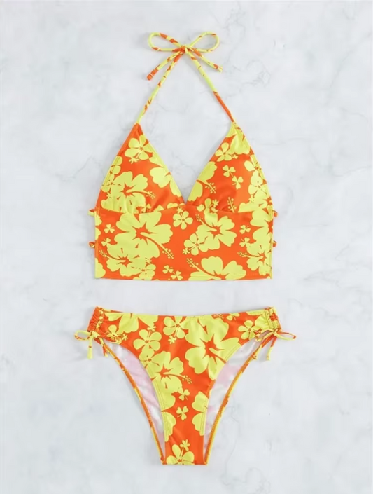 Maillot de bain avec crop top court imprimé hibiscus
