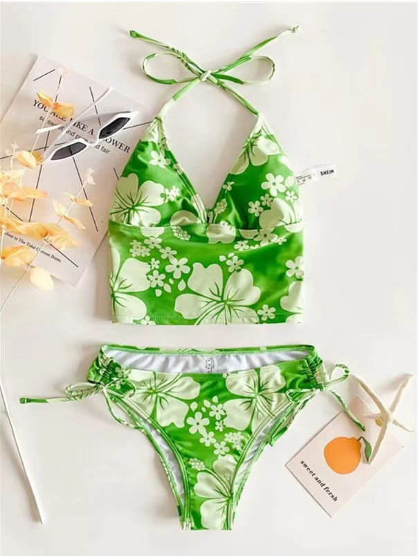 Maillot de bain avec crop top court imprimé hibiscus