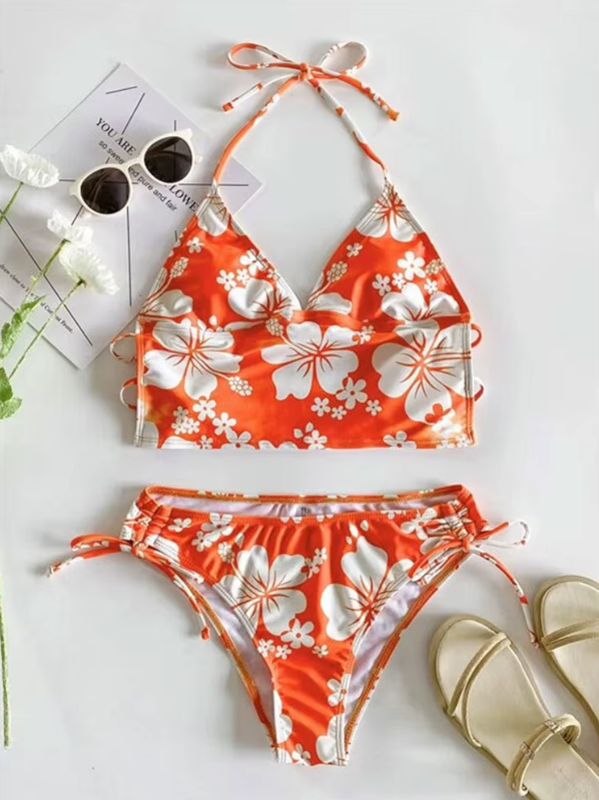 Maillot de bain avec crop top court imprimé hibiscus