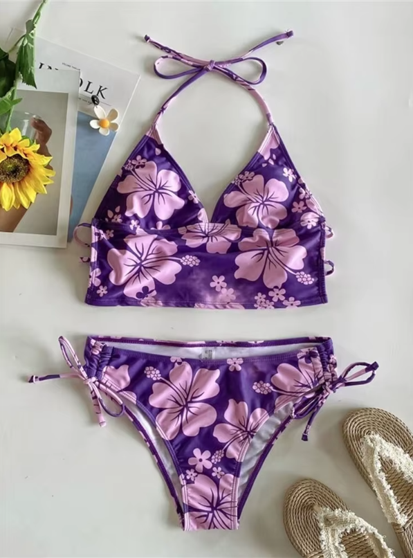 Maillot de bain avec crop top court imprimé hibiscus