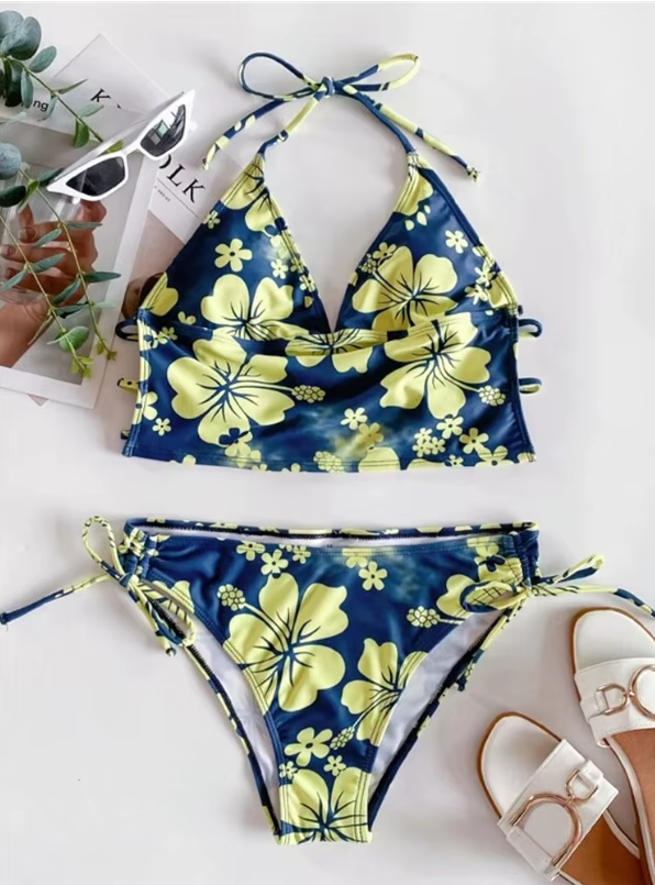 Maillot de bain avec crop top court imprimé hibiscus