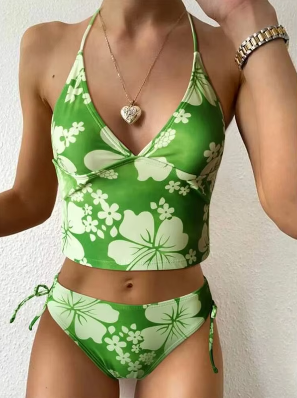 Maillot de bain avec crop top court imprimé hibiscus
