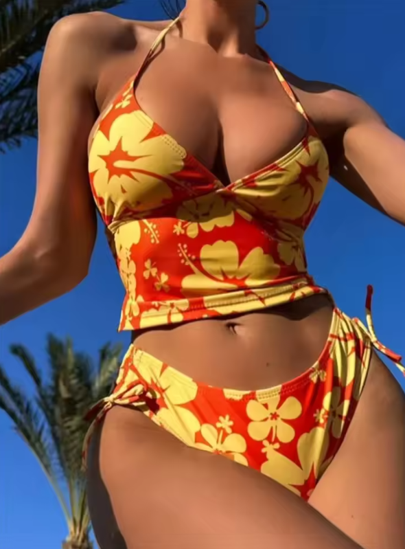Maillot de bain avec crop top court imprimé hibiscus