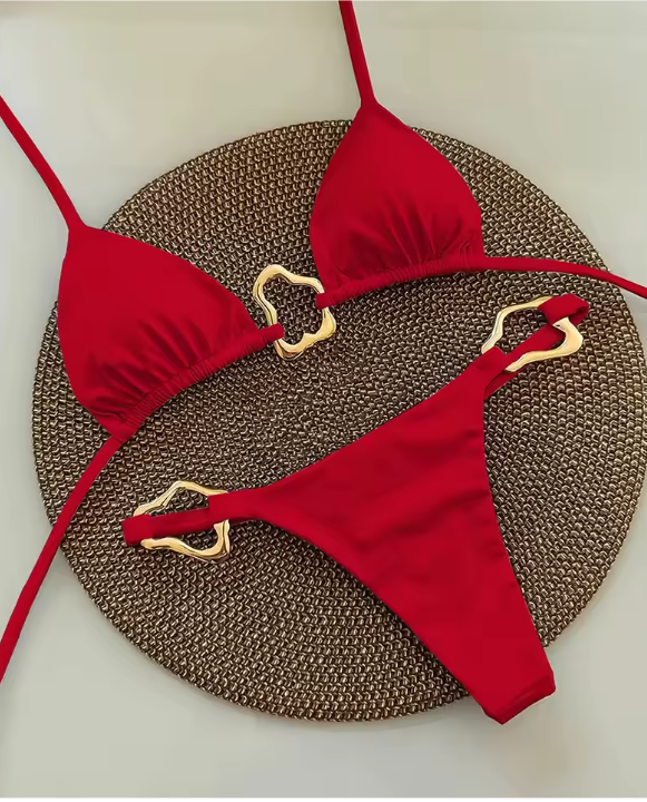 Bikini Couleur Unie avec Bijoux - Maillot de Bain 2 pièces