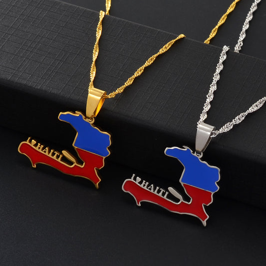 Pendentif Drapeau Haïti Acier Inox Doré Argenté