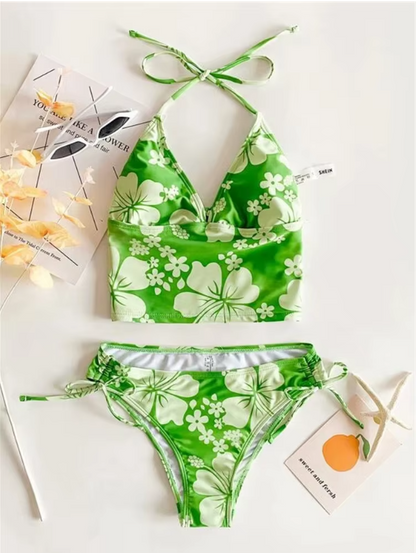 Maillot de bain avec crop top court imprimé hibiscus