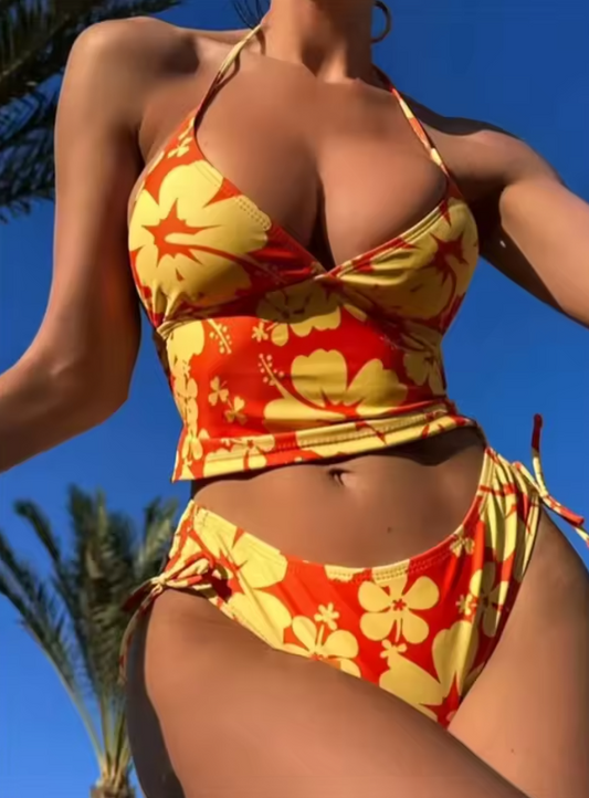 Maillot de bain avec crop top court imprimé hibiscus