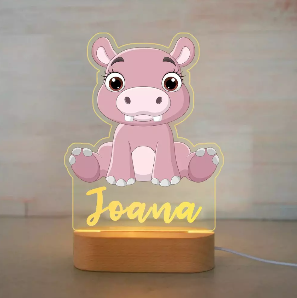 Veilleuse Personnalisée Animaux Prénom Hippopotame
